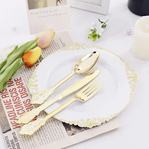 Miniatura 6 de Liacere 50 platos de plástico dorado y blanco, platos desechables de plástico dorado de 10.25 pulgadas, platos pesados de alta calidad para bodas