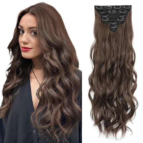 Miniatura 21 de Extensiones de cabello con clip para mujer, negro natural con reflejos marrones, 20 pulgadas, 6 piezas, extensiones de cabello largo, ondulado