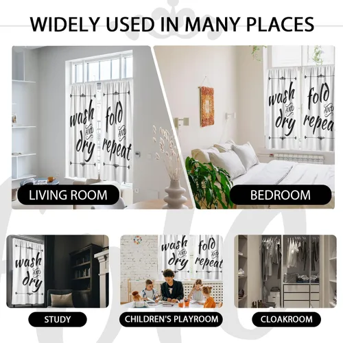 Miniatura 4 de zokyer Cortinas de cocina en blanco y negro con frases de lavado con palabras impresas en seco, divertidas, simples, pequeñas, cortas, 27.5 pulgadas