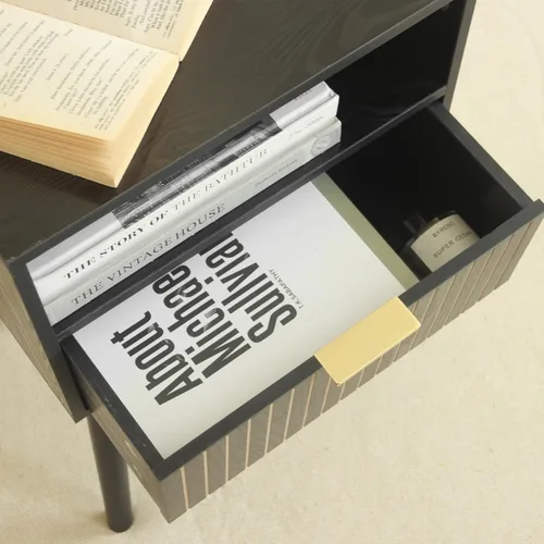 Miniatura 5 de MaxSmeo Mesita de noche negra con cajón, mesita de noche moderna de mediados de siglo con almacenamiento de estantes abiertos, mesa auxiliar
