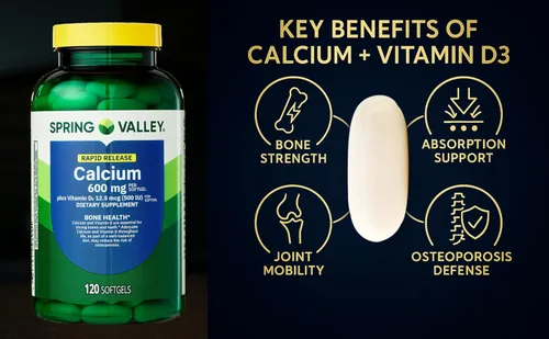 Miniatura 7 de Spring Valley Calcio 600 mg + vitamina D3, 120 cápsulas blandas, salud ósea, dientes fuertes y apoyo para la osteoporosis, cápsulas de liberación