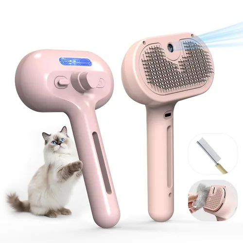 Miniatura 8 de Cepillo de aseo para mascotas con spray electrónico de niebla - Herramienta suave de eliminación de pelo para gatos y perros, Cepillo de vapor