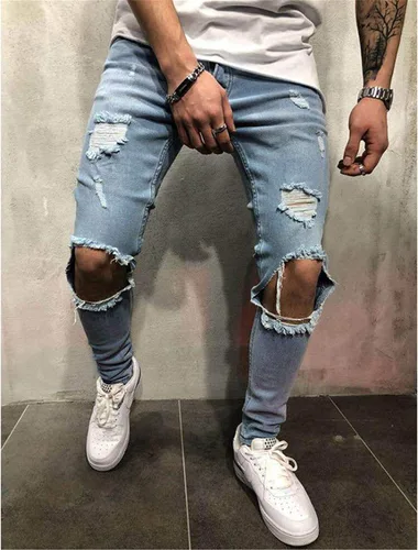 Miniatura 2 de Andongnywell - Pantalones de mezclilla con cremallera para hombre elásticos rasgados rasgados y rasgados pierna cónica pantalones de mezclilla