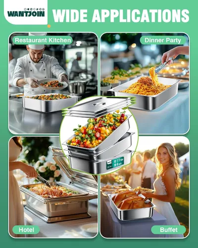 Miniatura 8 de WantJoin Recipientes Gastronómicos con Tapa 1/1 Tamaño Completo 4 Pulgadas de Profundidad Paquete de 3, Juegos de Bandejas de Metal de Acero