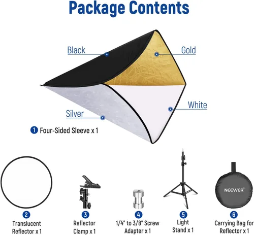 Miniatura 8 de NEEWER Kit de reflector de luz de 43"/110cm, reflector redondo plegable 5 en 1 (translúcido/plata/oro/blanco/negro), abrazadera de metal y soporte
