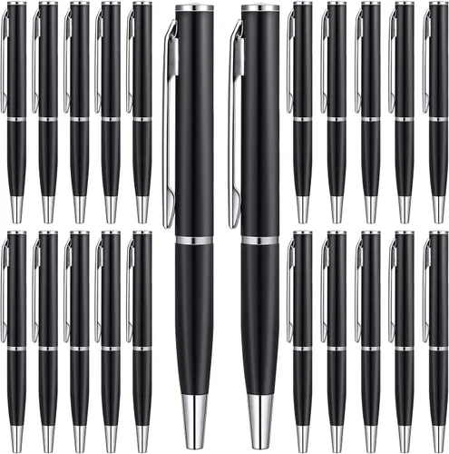 Chinco 16 piezas de bolígrafos redondos pequeños negros, mini bolígrafos a granel de metal de acero inoxidable con puntas de metal, con accesorios