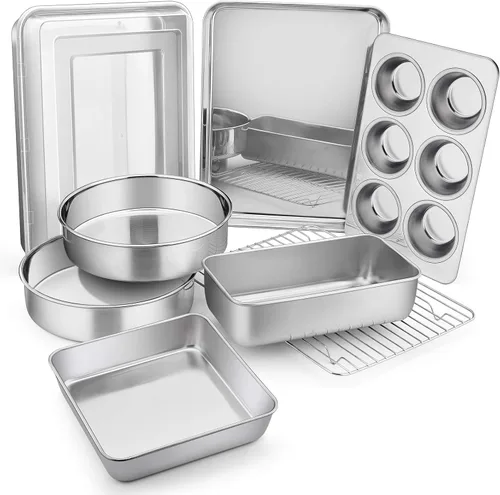 E-far Juego de 9 moldes para hornear de acero inoxidable, juego de 9 piezas para panecillos de galletas, incluye bandeja redonda y cuadrada