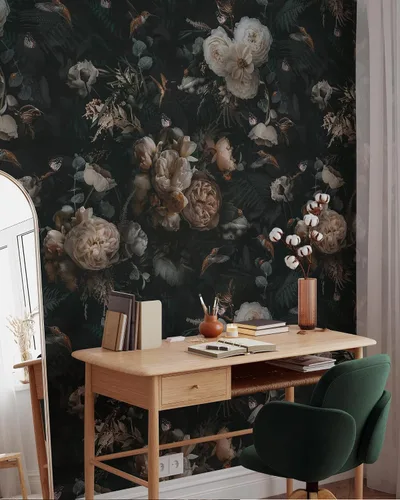 Miniatura 5 de Papel tapiz floral vintage, papel tapiz autoadhesivo extraíble, diseño floral oscuro, peonías y pájaros