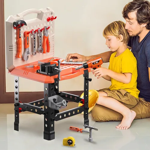 Miniatura 7 de Banco de herramientas para niños - Banco de trabajo de juguete con taladro eléctrico, accesorios de herramientas de juguete y chaleco