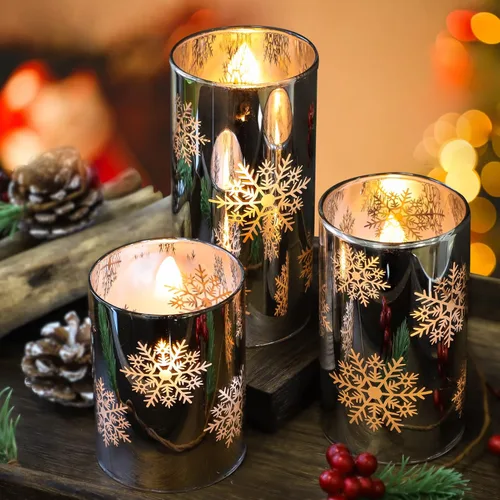 Miniatura 5 de Velas LED sin llama de copo de nieve con control remoto y temporizador, velas de vidrio electrochapado operadas por batería, velas LED parpadeantes