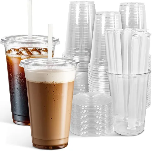 Ginkgo Paquete de 100 vasos de plástico transparente de 16 onzas con tapas y pajitas, a prueba de fugas y resistentes, tazas desechables para café