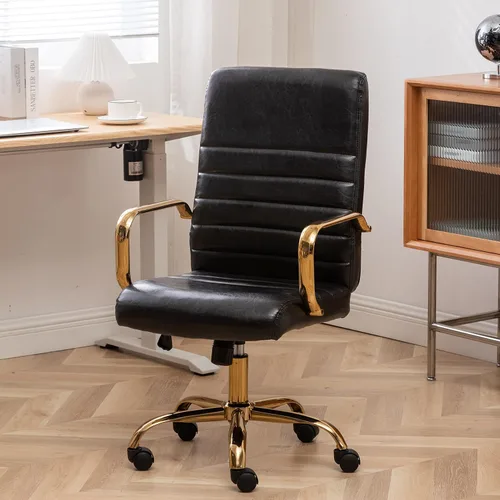 Miniatura 2 de BTEXPERT Silla de escritorio ajustable de piel sintética negra con brazos dorados, respaldo alto, para oficina en casa, (5162BK)