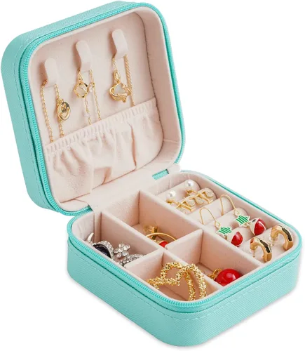 Miniatura 7 de Mini caja de joyería portátil de viaje de cuero organizador de anillos de joyería caja de regalo para niñas y mujeres 2 piezas azul
