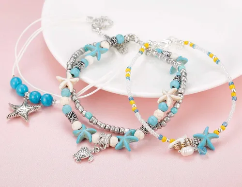 Miniatura 4 de Finrezio 8-12PCS Anklets for Women Girls Adjustable Boho Turtle Starfish Beach Ankle Bracelets Foot Jewelry Set Handmade