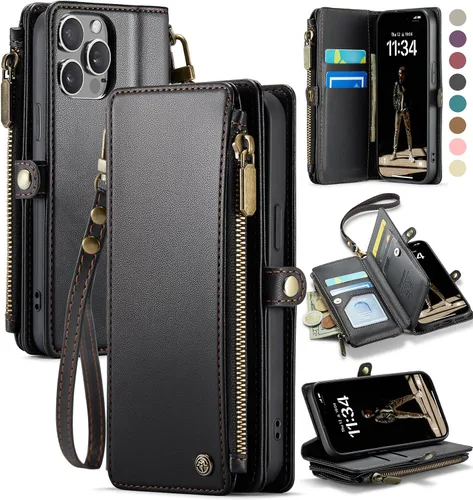 Miniatura 15 de Defencase Funda magnética para iPhone 13 Pro compatible con Magsafe con bloqueo RFID, correa de cremallera y tarjetero para mujer, funda de piel