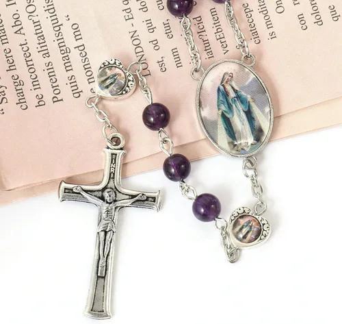 Miniatura 8 de Nazareth Store Cuentas de piedra natural con corazón de epoxi milagroso, cuentas de metal, collar de rosario, regalos cristianos de piedras preciosas