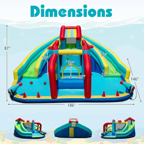 Miniatura 9 de HONEY JOY Tobogán acuático inflable con soplador de 680 W, tobogán largo doble gigante/casa de rebote/pared de escalada/carrera de obstáculos, cañón
