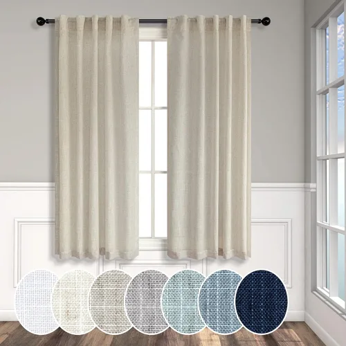 Miniatura 90 de Cortinas de lino azul de 84 pulgadas de largo para sala de estar; juego de 2 paneles con lengüeta trasera; cortinas con dobladillo para barra; Azul