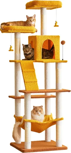 Miniatura 10 de MWPO - Árbol para gatos, multiestructura para gatos grandes con postes rascadores de sisal, plataforma acolchada, hamaca y condominio, torre Marrón