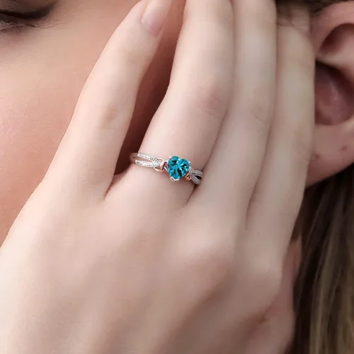 Miniatura 4 de Gem Stone King Anillo de compromiso con piedra preciosa y diamantes con forma de corazón de 0.236 in Plata 925 y oro rosa de 10 quilates Anillo