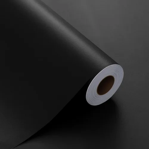 FUKU MON Papel tapiz negro de 24"x394" para despegar y pegar, papel de contacto negro mate texturizado sólido, autoadhesivo, extraíble, grueso,