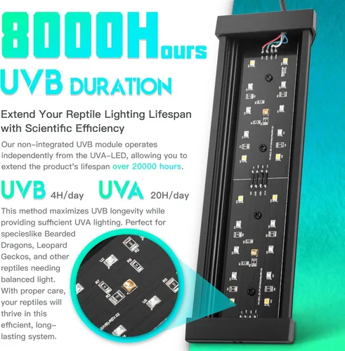 Miniatura 3 de Lámpara LED regulable UVB para reptiles, 8000 horas de duración UVB para una vida útil mucho más larga, ciclos ajustables de 4/8/12 horas, adecuada