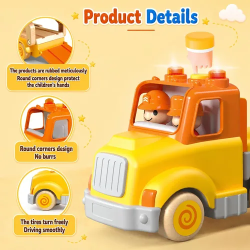 Miniatura 6 de Juguetes de autos para niños pequeños de 2, 3, 4, 5 años, juguete de camión transportador con 4 vehículos de madera, remolque de pista plegable