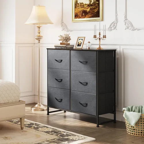 Miniatura 4 de WLIVE Cómoda de tela para dormitorio, cómoda doble de 6 cajones, torre de almacenamiento con cubos de tela, cómoda para armario, sala de estar