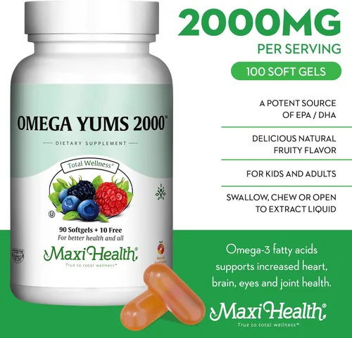 Miniatura 3 de Maxi Health Aceite de pescado de 2000 mg - Suplemento Omega 3 para adultos y niños - Fruity Burst - Aceite de pescado Omega-3 Fuente de ácidos