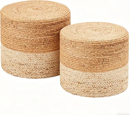 Miniatura 10 de Wimarsbon 2 puf otomanos, taburete de hierba marina natural, otomana redonda tejida a mano, asiento decorativo bohemio, puf trenzado de yute, Trenza