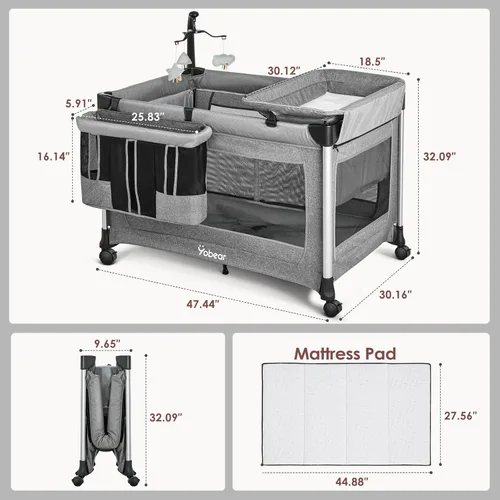 Miniatura 7 de Moisés para bebé 4 en 1 con colchón, configuración de un solo empuje, cuna de noche con cambiador de pañales de recién nacido a niño pequeño (gris)