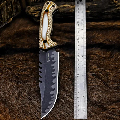 Miniatura 4 de BA-KOR Cuchillo de caza de hoja fija de tang completo de 12.4 pulgadas – acero 9CR18MoV de 6mm, mango G10, hoja de sierra dentada lavada a la piedra