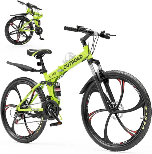 Miniatura 15 de Max4out Bicicleta de montaña plegable de 26 pulgadas, bicicleta de suspensión completa de 21 velocidades, freno de doble disco, neumático