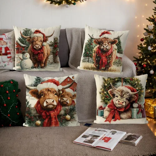 Miniatura 5 de Juego de 4 fundas de almohada de Navidad con diseño de vaca de las tierras altas, estilo campestre, vintage, para el hogar, sofá, sala de estar