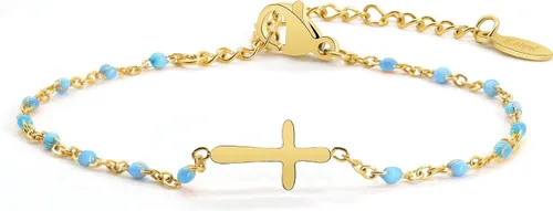 Miniatura 7 de Pulsera de Cuentas con Cruz Chapada en Oro de 14K para Mujeres, Pulsera de Acero Inoxidable Ajustable con Cruz de Fe Religiosa, Pulsera de Cadena