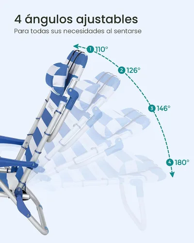 Miniatura 4 de SONGMICS Silla de playa portátil tipo mochila, capacidad de 331 libras, respaldo ajustable con 4 ángulos, 2 bolsillos laterales, toallero, azul