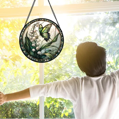 Miniatura 3 de DASTOLL Colgante de vidrio emplomado para ventana, diseño de lirio del valle, mariposa, atrapasol para puertas, hogar, atrapasoles decoración