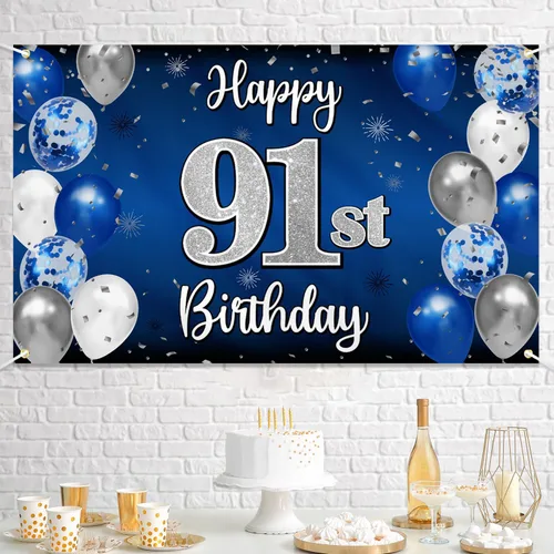 Miniatura 301 de Decoración de feliz cumpleaños 35, globo azul y plateado de 35 años, cartel grande de telón de fondo de cumpleaños, suministros para fiesta de 35th