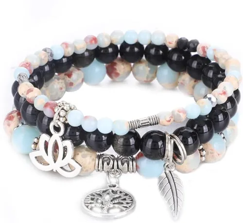UEUC - Pulseras Reiki, apilables, de piedras curativas, cristales, con dije del árbol de la vida, yoga y hoja de loto, contra la ansiedad y para el