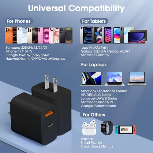 Miniatura 3 de Cargador para iPhone 17/16/15 Pro/Pro Max, cargador de pared USB-C de doble puerto con PD 40 W y carga rápida QC 20 W, cable USB-C de 10 pies