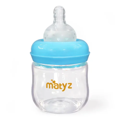 Matyz Paquete de 1 biberón de vidrio para lactancia materna con tapa (azul, 4 onzas), biberones de cuello ancho para lactancia materna, biberones de