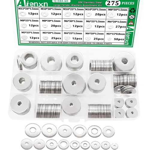Miniatura 17 de Kit de surtido de 270 piezas de arandelas planas, 8 tamaños SAE -1/2, 3/8, 5/16, 1/4, 12#, 10#, 8#, 6#, (18-8) arandelas de acero inoxidable 304