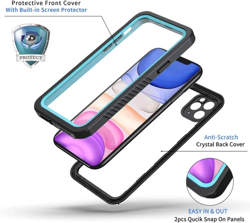 Miniatura 3 de Lanhiem Funda impermeable para iPhone 11 Pro Max, protección de cuerpo completo 360 bajo el agua, a prueba de suciedad, a prueba de golpes, con Negro