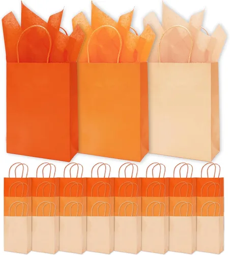 Miniatura 8 de Whaline 24 bolsas de regalo de papel marrón con asas, bolsas de compras de comestibles con 30 hojas de papel de seda de envoltura para vacaciones