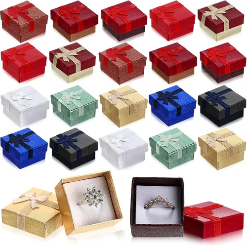 Miniatura 10 de Bucherry 72 cajas de anillos de 1.6 x 1.6 pulgadas, caja de joyería de cartón duro con lazo de cinta, pequeñas cajas de regalo para pequeñas Negro