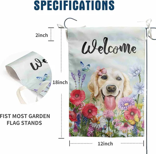Miniatura 2 de Bandera floral de jardín Golden Retriever para jardín, banderas de bienvenida para exteriores de 12 x 18 pulgadas, bandera de perro de flores