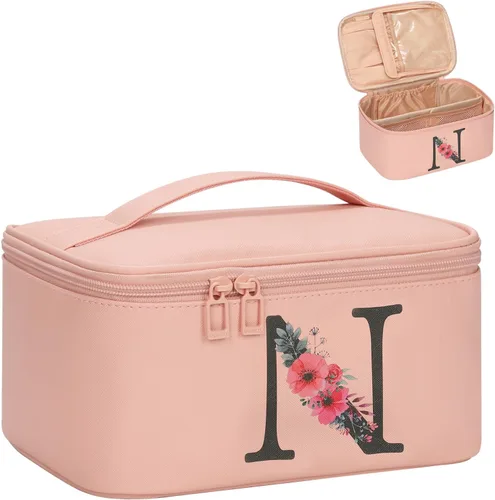 Miniatura 57 de OCHEAL Bolsa de maquillaje personalizada, bolsa de maquillaje beige para mujer, kit de aseo de viaje con monograma, organizador de cosméticos listo