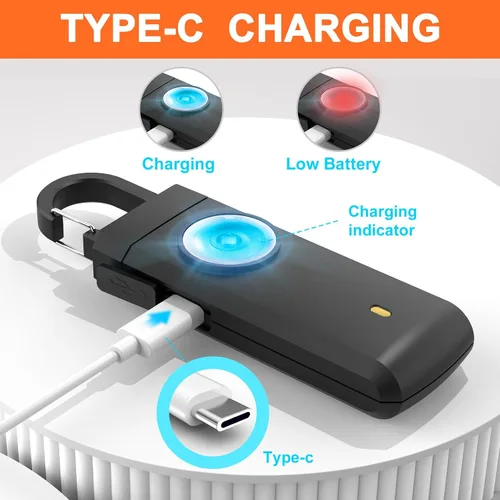 Miniatura 4 de Alarma recargable por USB de autodefensa, sirena fuerte de 130 dB con luz estroboscópica LED, diseño de llavero para un transporte más fácil, alarma