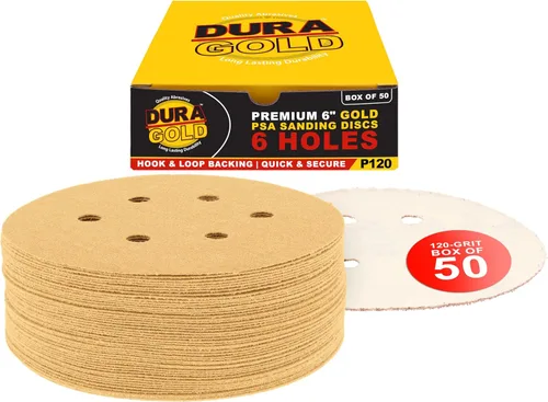Miniatura 9 de Dura-Gold Premium 80, 120, 220, 320, 400 discos de papel de lija dorados de 6 pulgadas, patrón de 6 agujeros, sin polvo, 10 cada uno, 50 en total