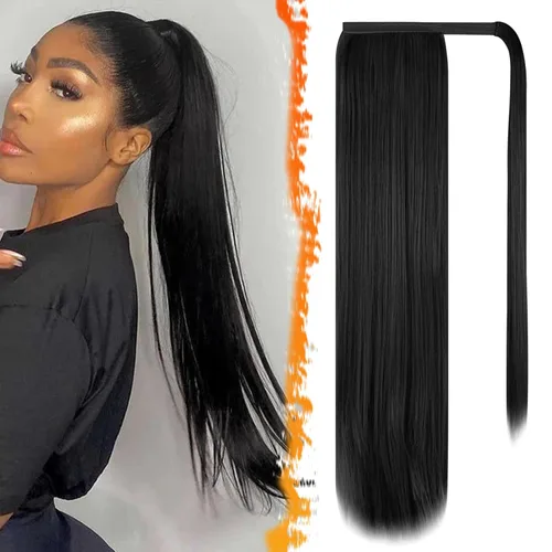 Miniatura 32 de BARSDAR Extensión de cola de caballo de 28 pulgadas largo recto envoltura alrededor del clip en pelo de fibra sintética para mujeres, negro